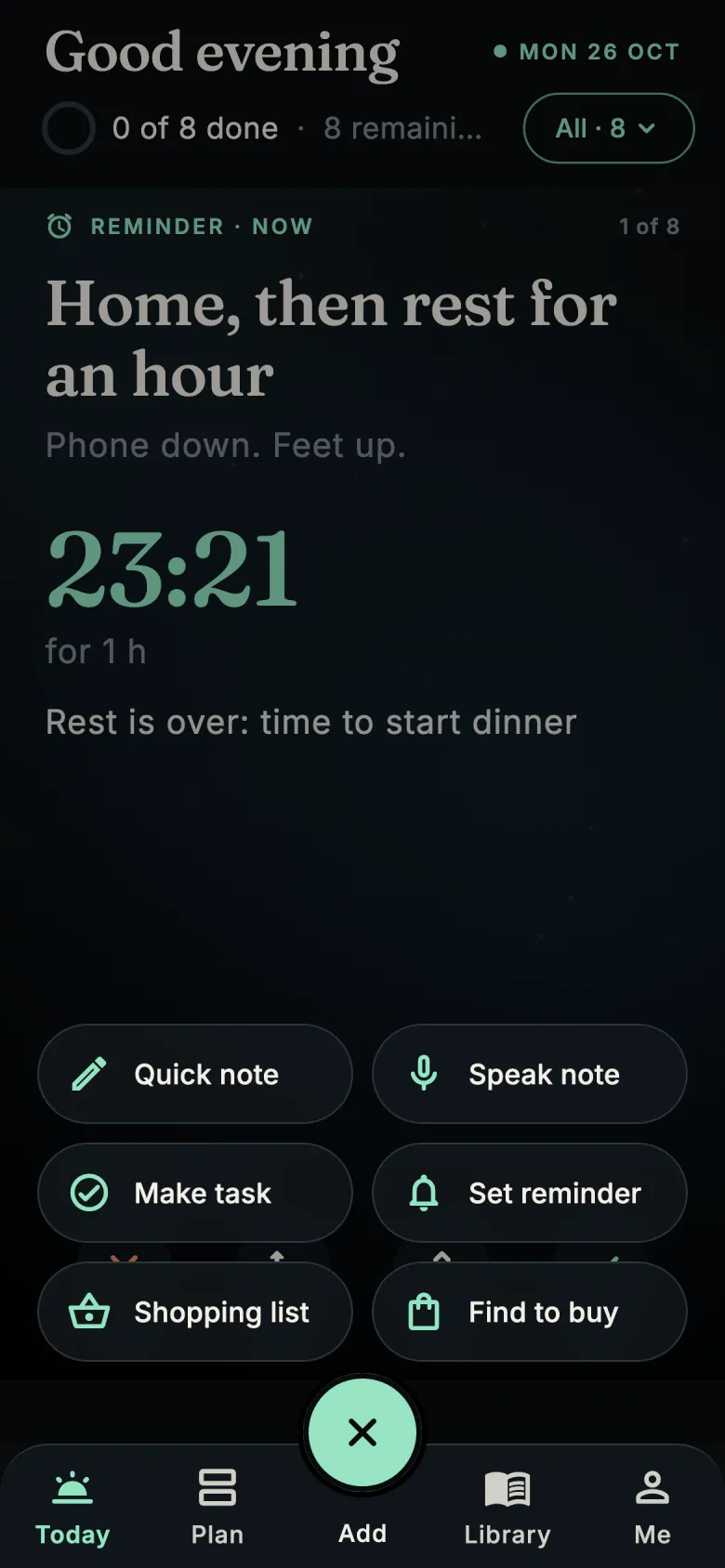 The Add menu: quick note, speak note, make task, set reminder, shopping list, find to buy