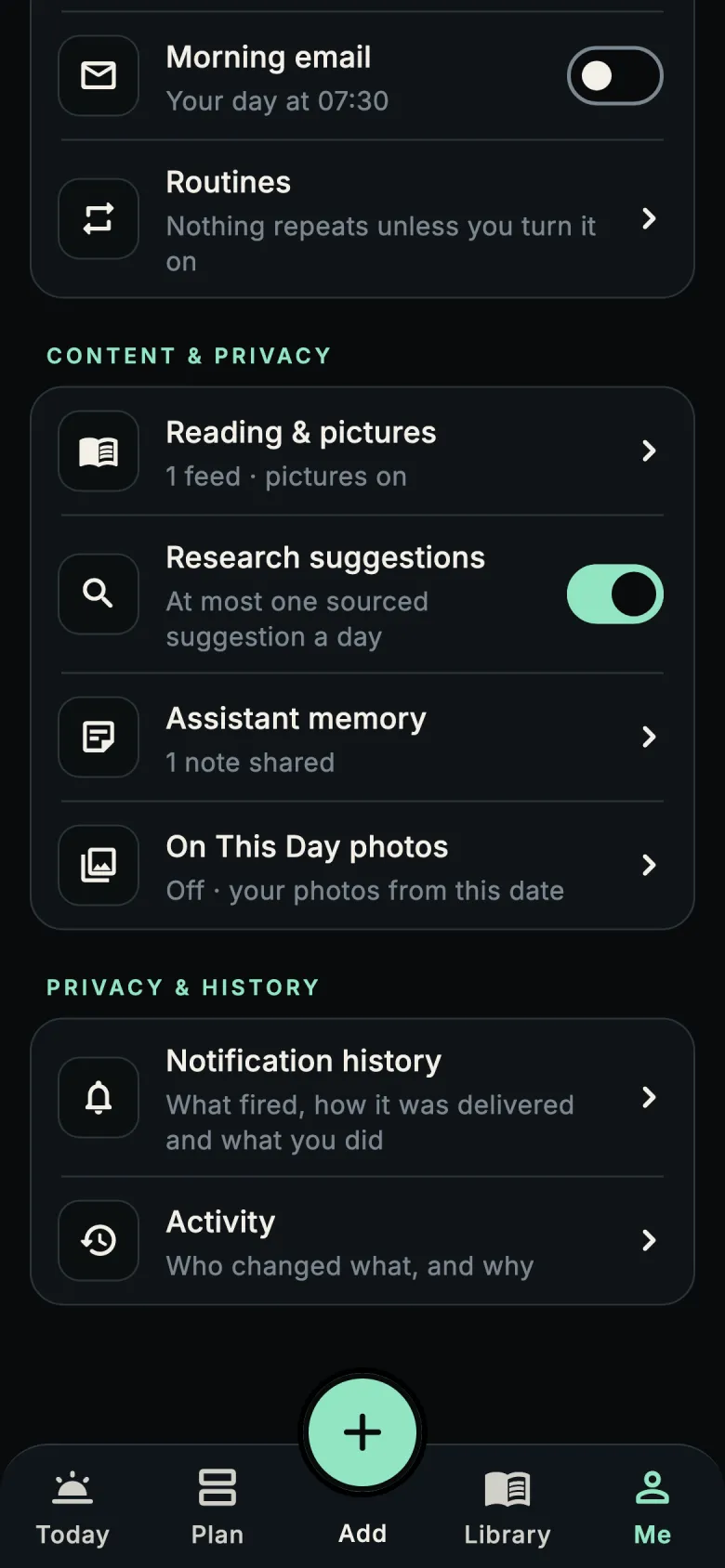 Settings for morning email, routines, reading and privacy