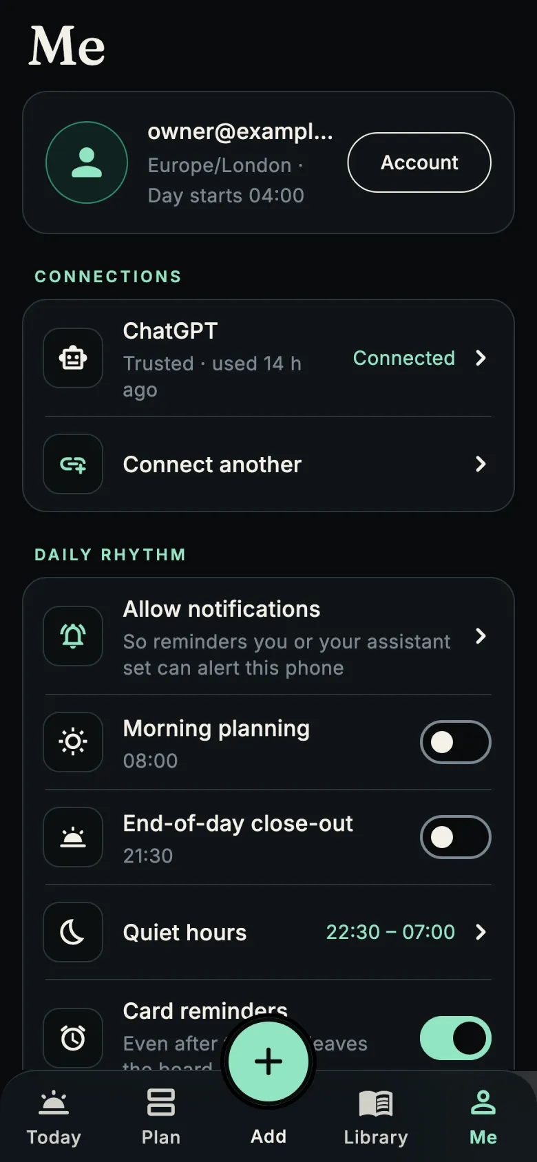 The Me screen listing ChatGPT as connected and trusted, with Connect another