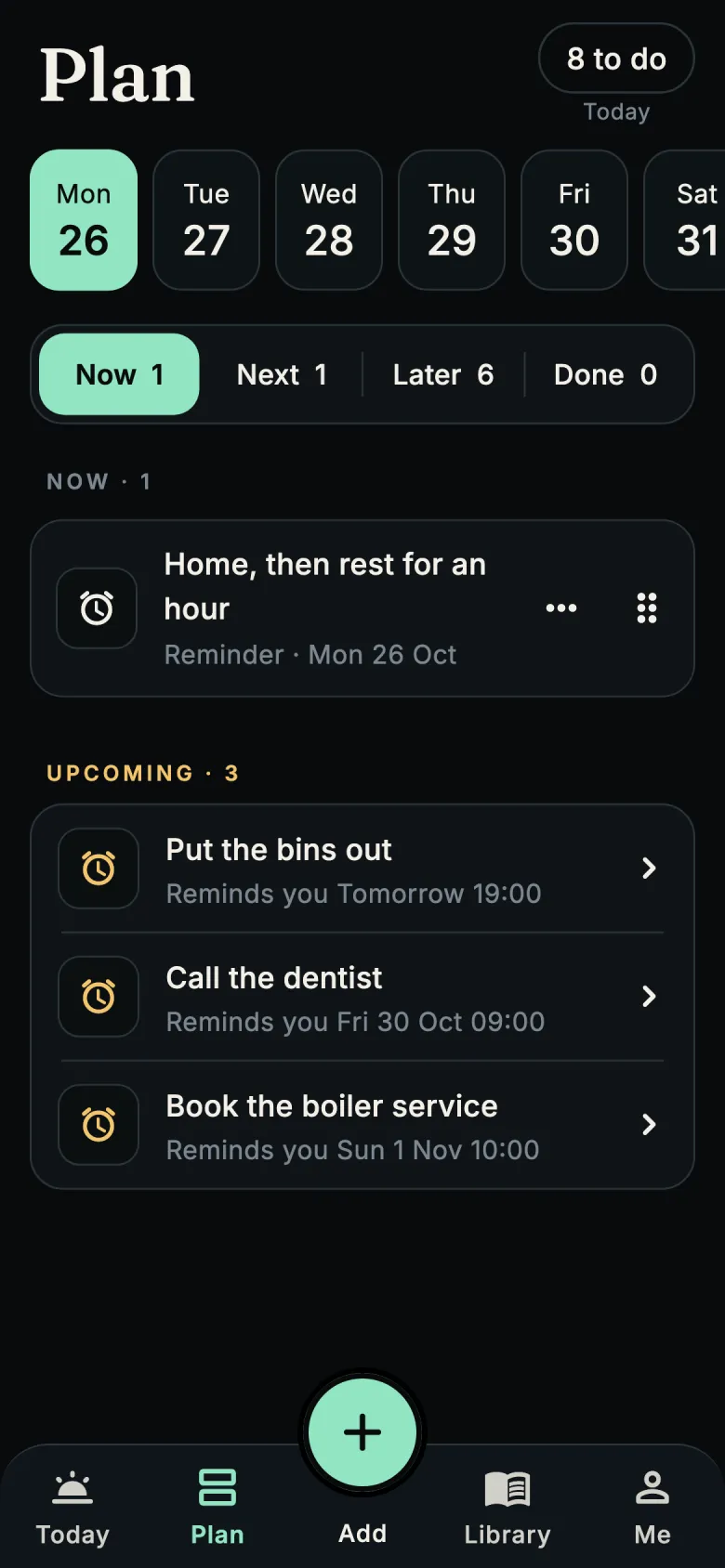Plan with a week of days and upcoming reminders