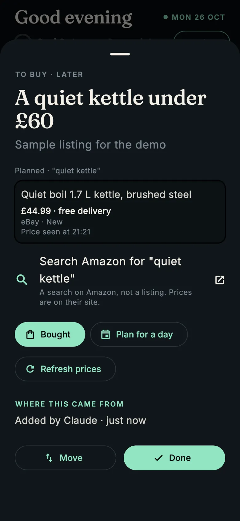 A product card with an eBay listing at £44.99 with free delivery, an Amazon search link, and Bought, Plan for a day and Refresh prices buttons