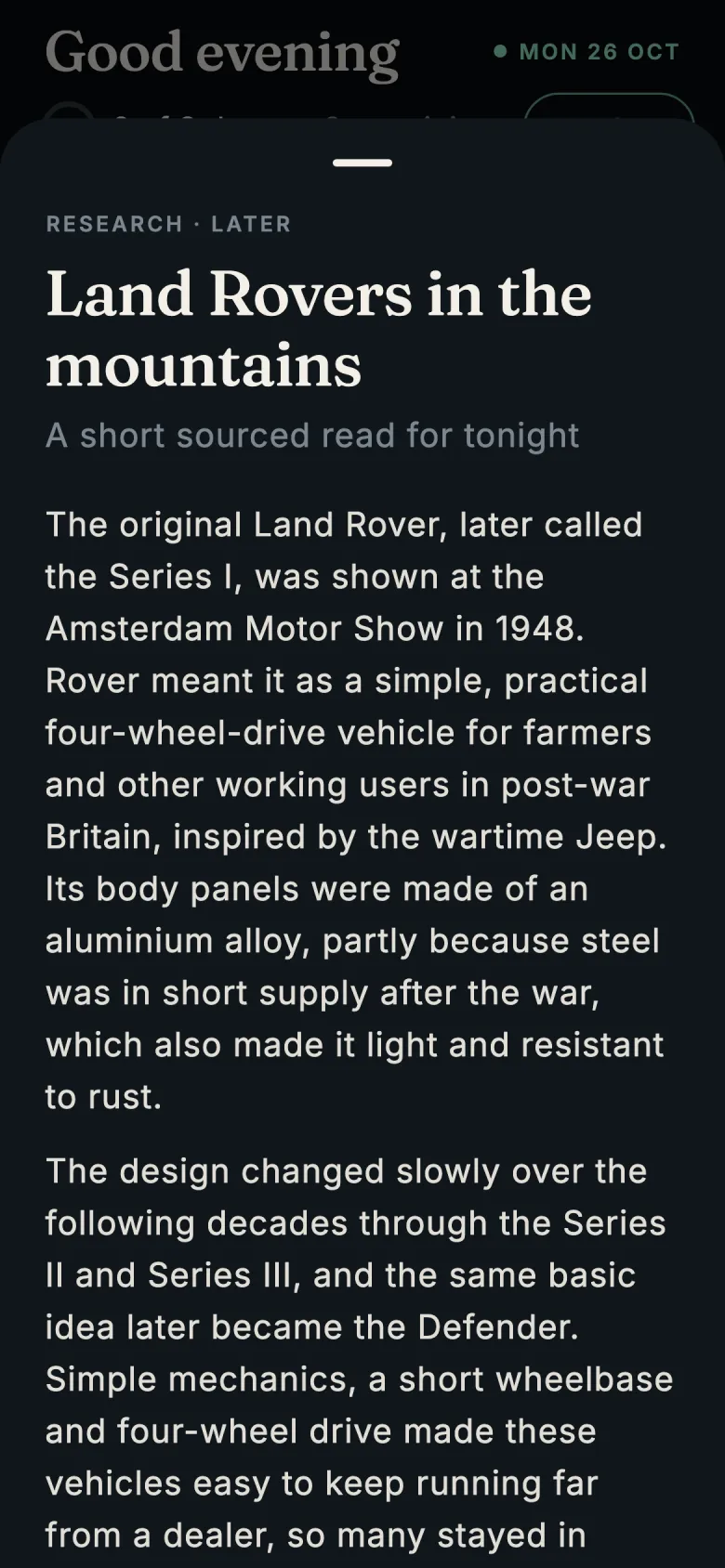A short read opened full screen with paragraphs about Land Rovers in the mountains