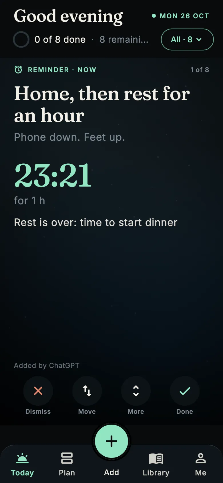 A reminder card: home, then rest for an hour, showing the time it ends