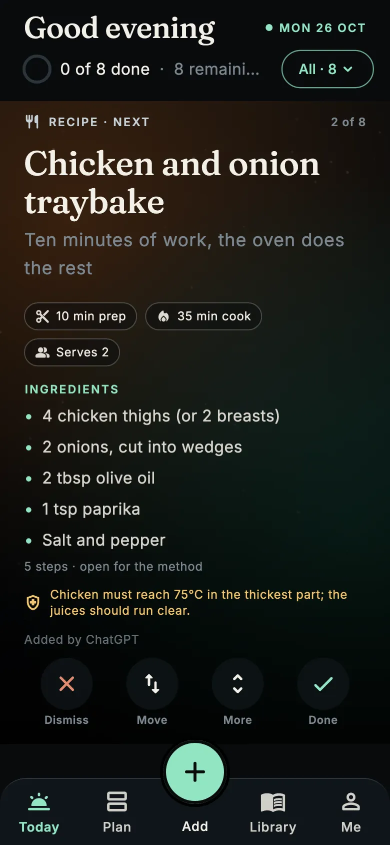 A recipe card with prep and cook time, servings, ingredients and a safety note