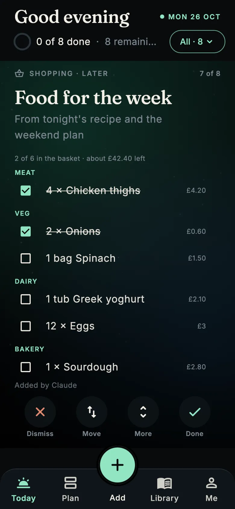A shopping list grouped into meat, veg, dairy and bakery, two items ticked, about £42 left